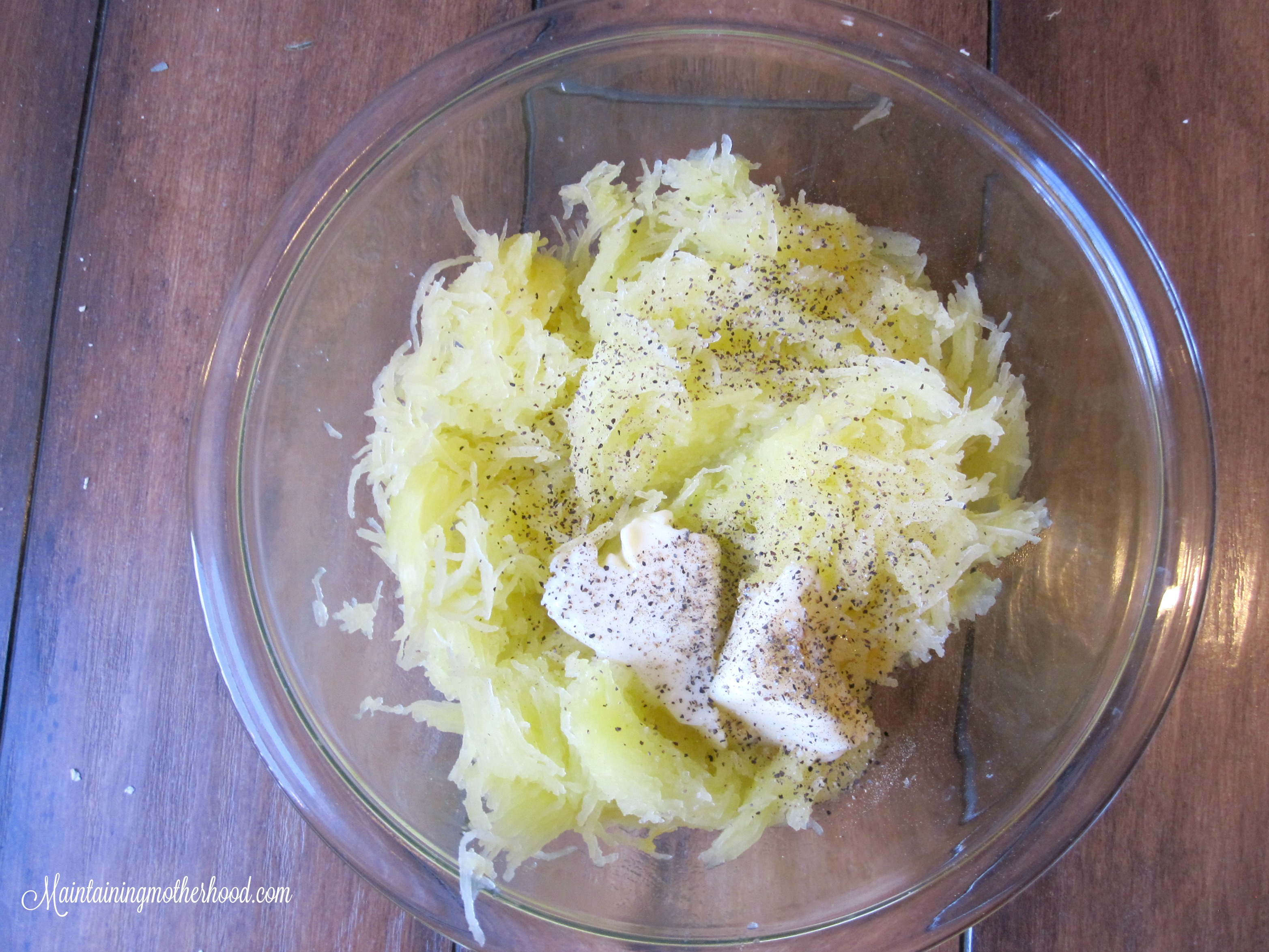 Spaghetti squash stores well, is simple to cook, and has a mild flavor so my kids will eat it. It can also easily substitute for spaghetti noodles!