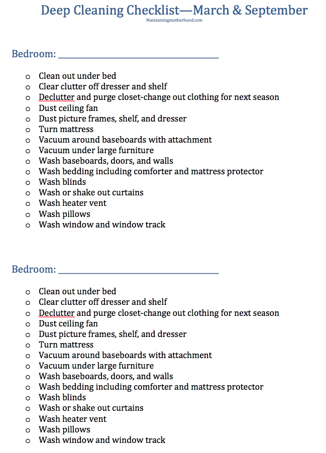 checklist to deep clean my room