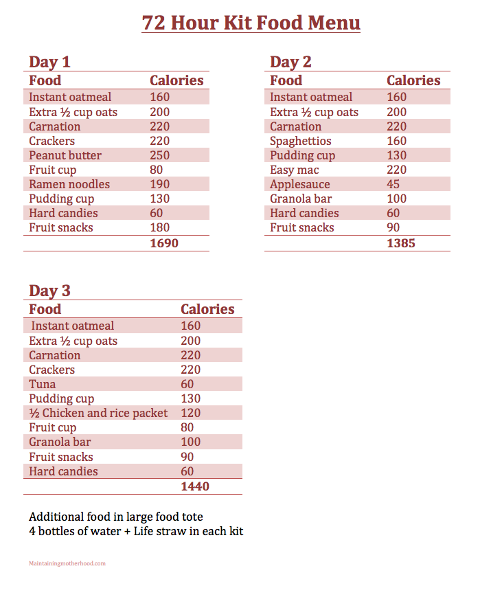 72 Hour Kits, do you have yours? Follow the simple checklist and menu plan to put together everything you need for your Adult 72 Hour Kit today!