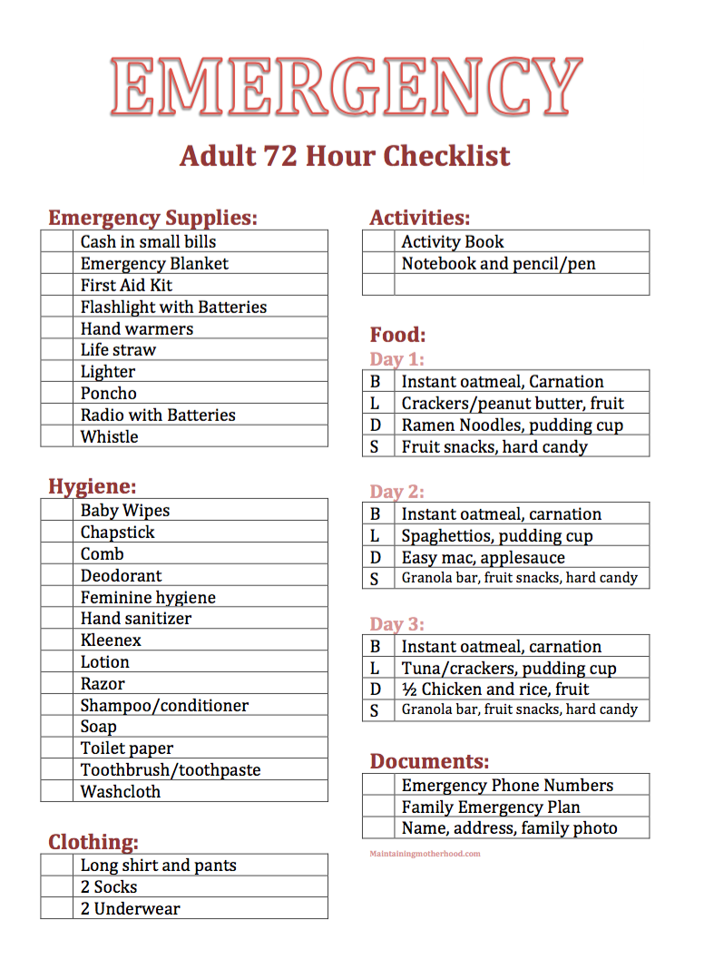 72 Hour Kits, do you have yours? Follow the simple checklist and menu plan to put together everything you need for your Adult 72 Hour Kit today!